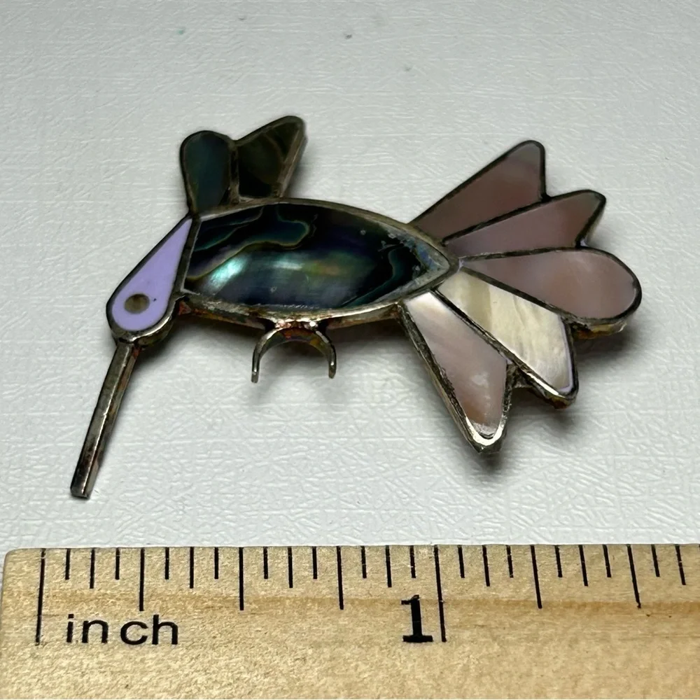 Hummingbird brooch Abalone mother of pearl inlay Iridescent Alpaca Silver Mexico